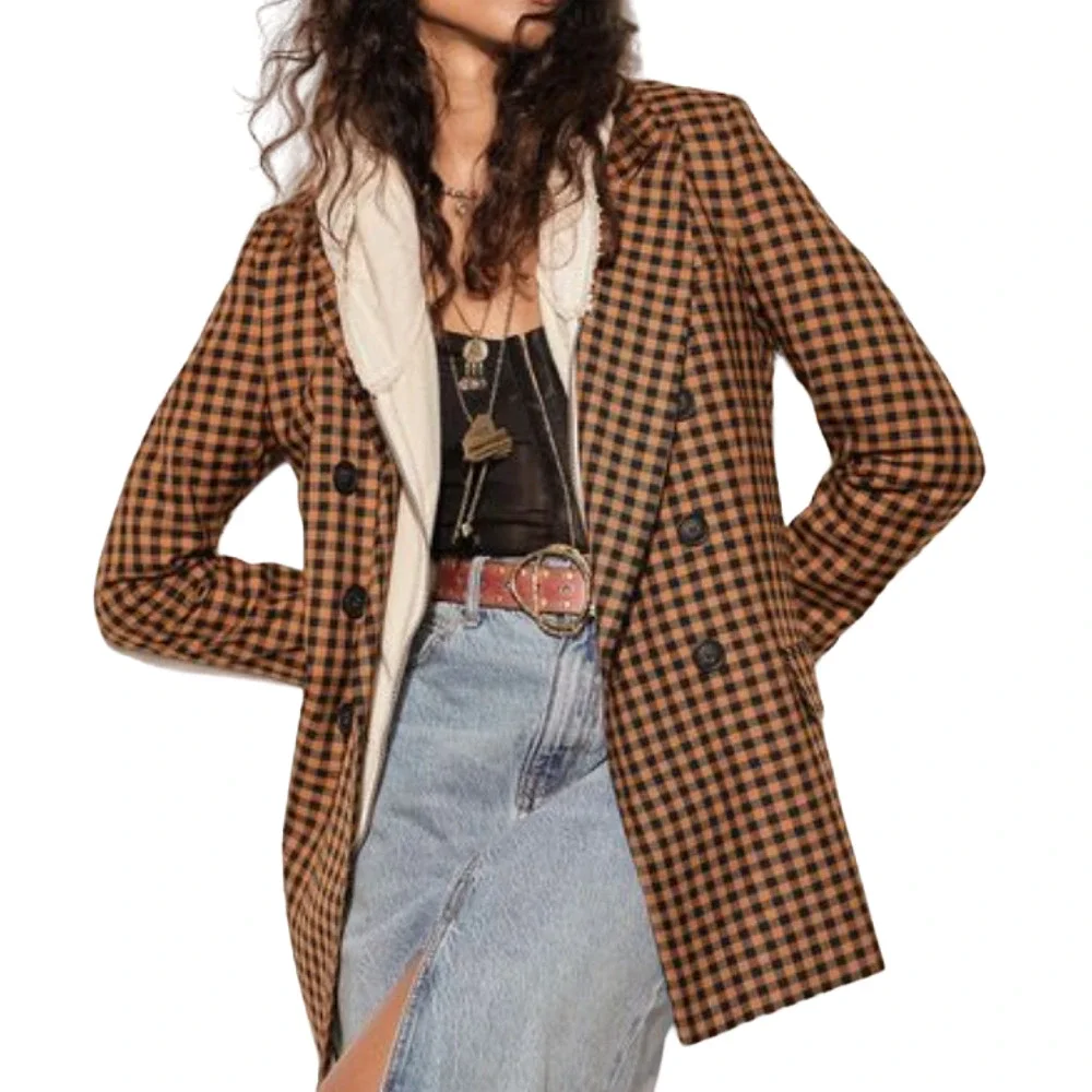 FREE PEOPLE BROWN BLACK ASHBY PLAID CHECK BLAZER JACKET DOUBLE BREASTED SMALL